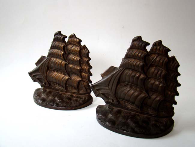 A pair of Flying Cloud clipper ship bookends made by the Connecticut Foundry in 1929